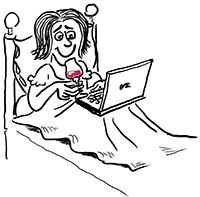 Kobieta w łóżku z lampką wina ogląda nagranie na laptopie. Rys. Maciej Dziadyk maciejdziadyk.pl